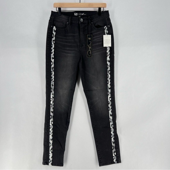 DG2 Diane‎ Gilman Stretch Charcoal Gray Leopard Sequin Side Stripe Skinny Jean - Picture 1 of 12